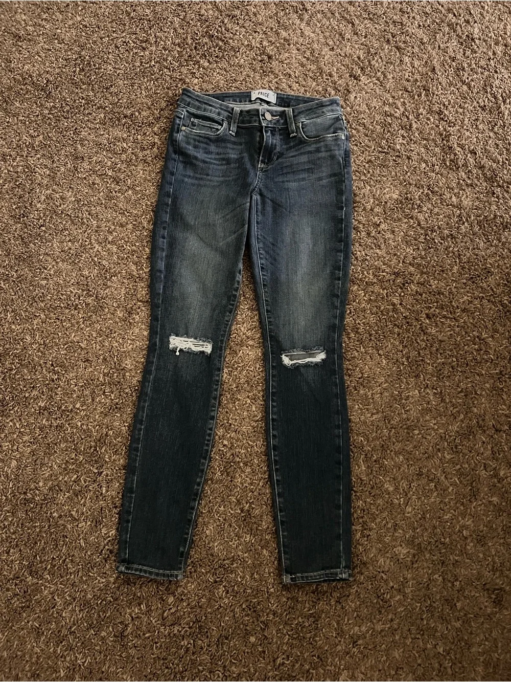 PAIGE Dark Blue Skinny Jeans with Knee Distressing